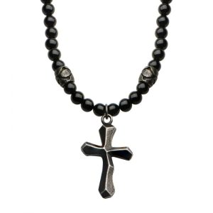 Black Onyx Beads with Steel Cross Pendant Necklace