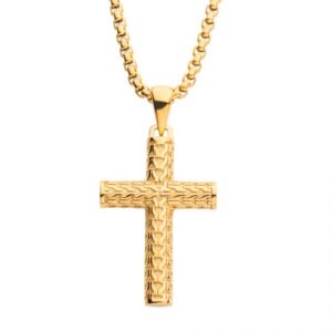 Polished 18K Gold IP Scale Cross Drop Pendant