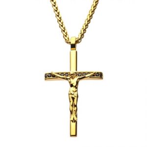 Stainless Steel Gold Plated with Black CZ Jesus Christ Crucifix Cross Pendant