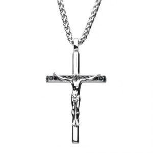 Stainless Steel with Black CZ Jesus Christ Crucifix Cross Pendant