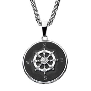 Stainless Steel Black Plated Ship's Wheel Compass Pendant
