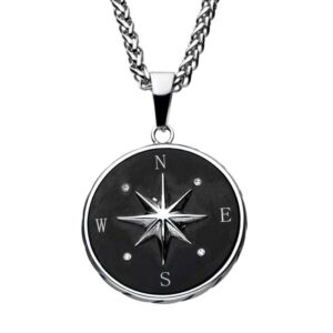 Stainless Steel and Black Plated Compass Pendant