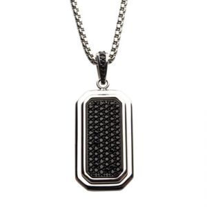 Stainless Steel Dog Tag Pendant with Black CZ Inlay