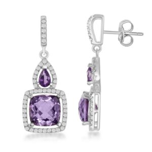 Square Amethyst Center with White Topaz Border Earrings