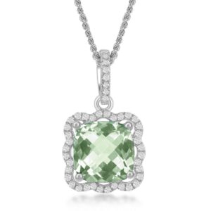 Square Green Amethyst with Scalloped White Topaz Border Necklace