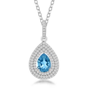 Blue Topaz Teardrop with Triple Row White Topaz Border Necklace