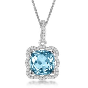 Square Blue Topaz with Scalloped White Topaz Border Pendant
