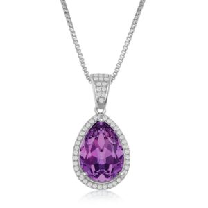 CZ and 14x10mm Pearshaped Amethyst Crystal Element Halo Necklace