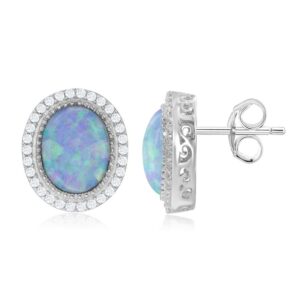 Oval White Opal with CZ Border Earrings