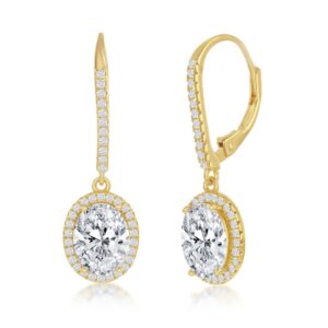 Oval CZ Halo Dangling Earrings - Gold Plated