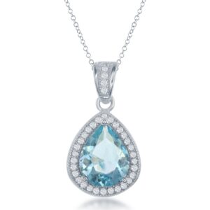 CZ Teardrop Pendant - Simulated Blue Topaz
