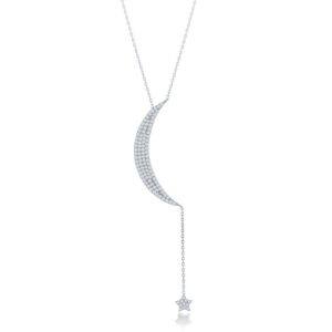 Large CZ Crescent Moon with Dangling Chain and Small Star Necklace