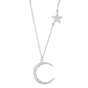 Small Shiny Star with Center CZ and CZ Crescent Moon Necklace