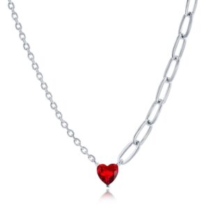 Heart Ruby CZ, Half Cable & Paperclip Chain Necklace
