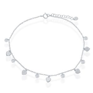 Alternating Cubic Zirconia with Shiny & Matte Hearts Anklet
