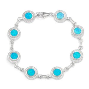 Round Blue Inlay Opal with Micro Pave CZ Border Bracelet