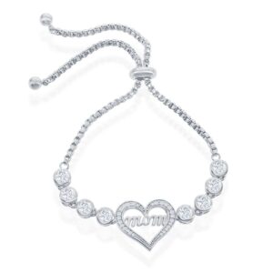 Center "Mom" Heart with Linked Bezel CZ's Adjustable Bolo Bracelet