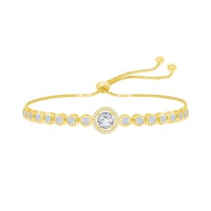 Round CZ Halo Bezel-Set CZ Adjustable Bolo Bracelet - Gold Plated