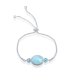 Oval Larimar with Blue CZ Side Stones Adjustable Bolo Bracelet