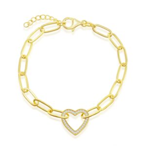 CZ Heart Paperclip Bracelet - Gold Plated