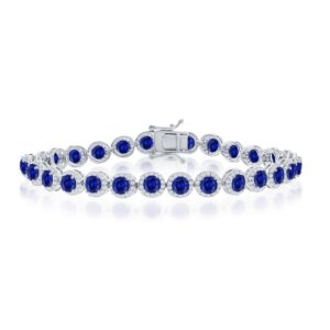 Round Halo White & Sapphire CZ Linked Bracelet