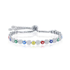 Alternating CZ & Multi-Color Enamel Evil Eye Adjstable Bolo Bracelet